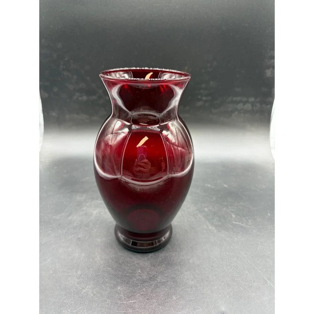 Vintage Ruby Red Glass Paneled Vase 6.5 Inch Flared Rim Pedestal Base Crimson